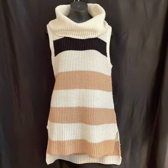 Loose knit striped basic long sleeveless pullover with cowl neckline Sz S - Picture 1 of 7